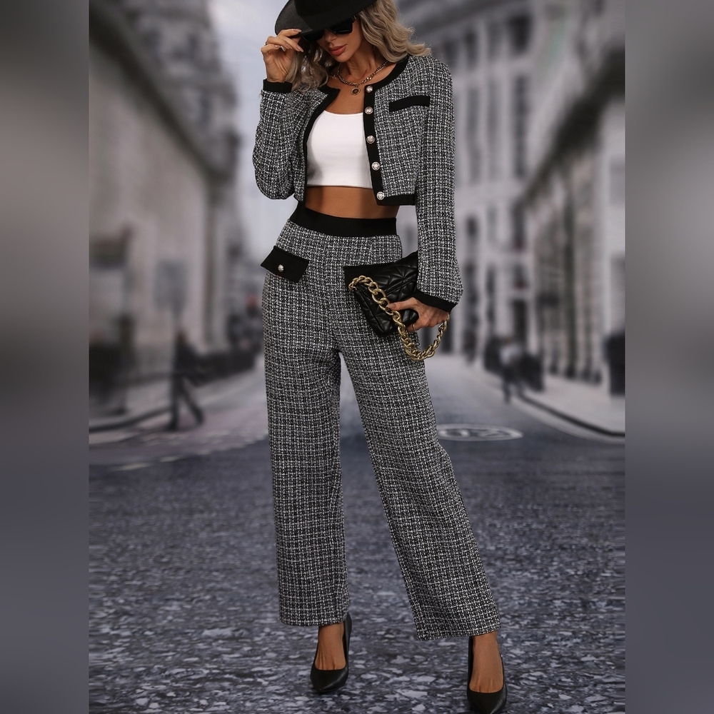 Plaid Print Contrast Trim Crop Jacket & Pants - Picture 1 of 4